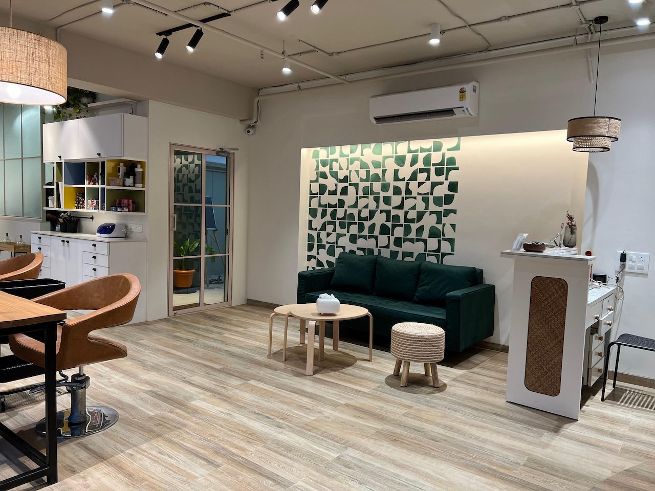 Wide view of the lounge, reception and styling floor
